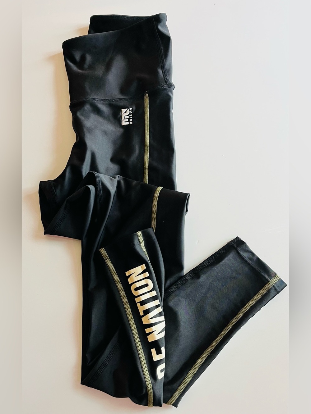 P.E Nation • Black Leggings with Olive Trim and White Logo